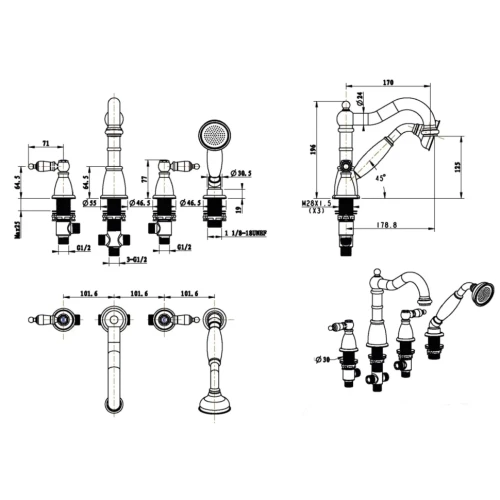 Купить купить смеситель на борт ванны, boheme tradizionale oro, золото арт. 395